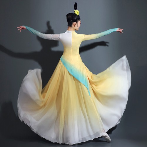 Women girls Yellow Chinese folk Classical dance costumes,fairy princess dance hanfu ancient umbrella dance dresses Han and Tang ancient dance costumes